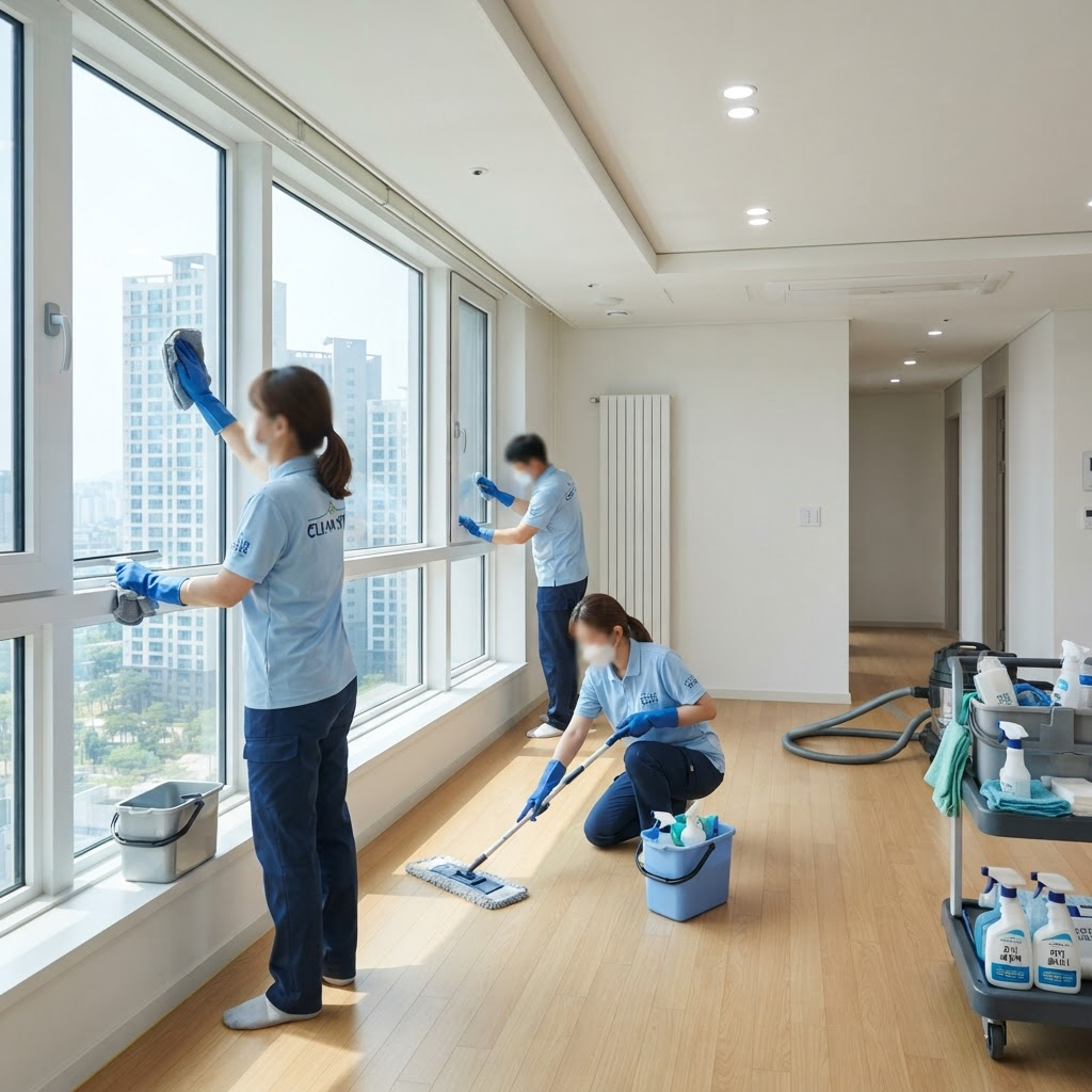 파란색 유니폼을 입고 전문 장비로 청소하는 닥터클린 전문 인력